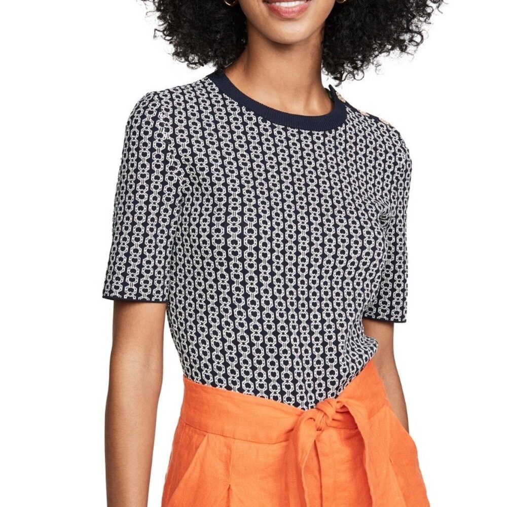 Tory Burch Gemini Link Jacquard Knit Short Sleeve Sweater Navy Ivory Size S